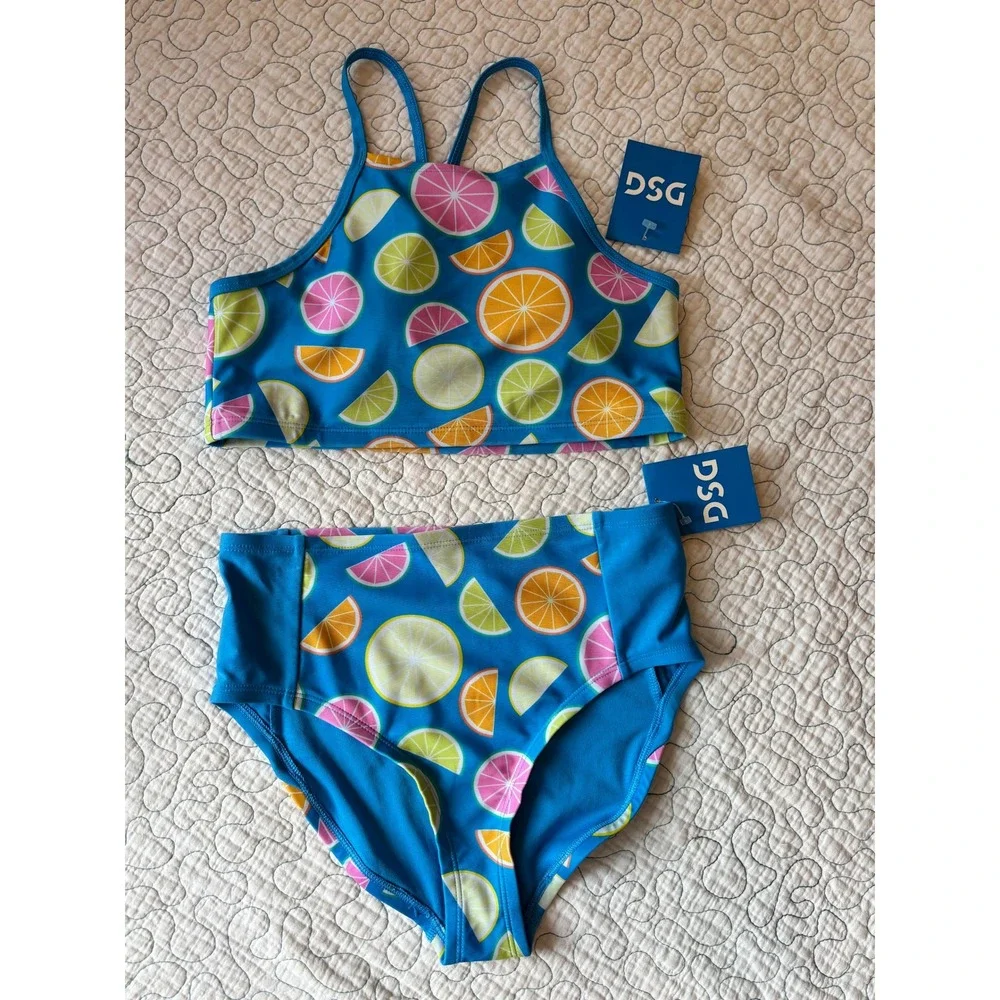 DSG Girls Blue Citrus Fruit Strappy Halter High Waisted Swimsuit Set Size Large
